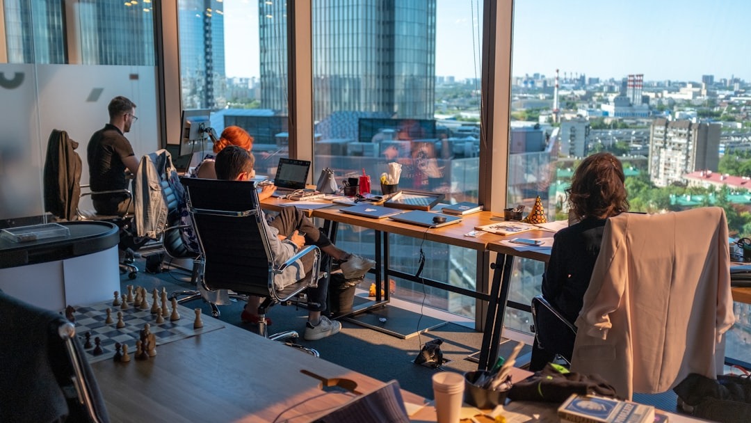 A group of people working collaboratively in the office.